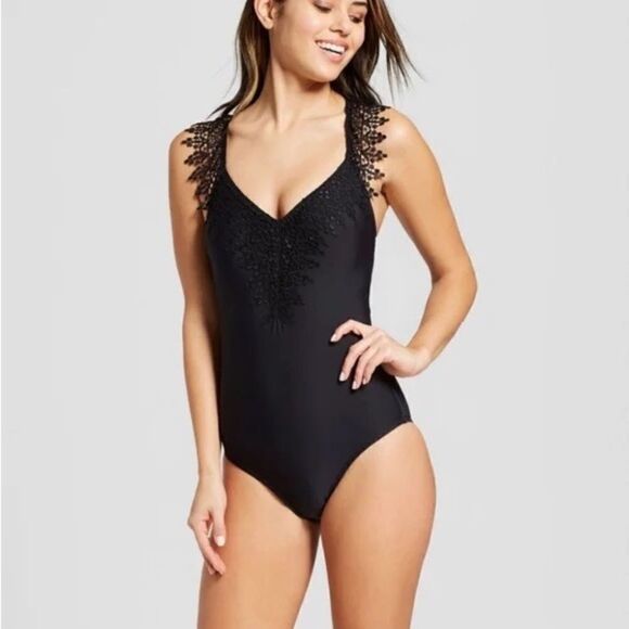 SOCIAL•ANGEL BLACK LACE ONE PIECE SWIMSUIT WOMEN'S SIZE M NEW WITH TAGS D22 - Picture 1 of 8